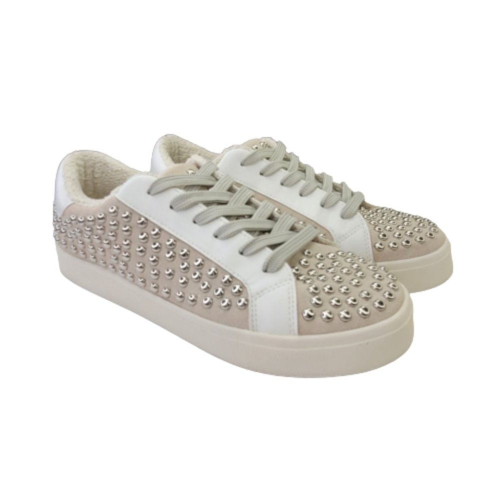 Aqua Womens Tess Sz 7 White Suede Studded Embellished Lace Up Sneaker Shoes